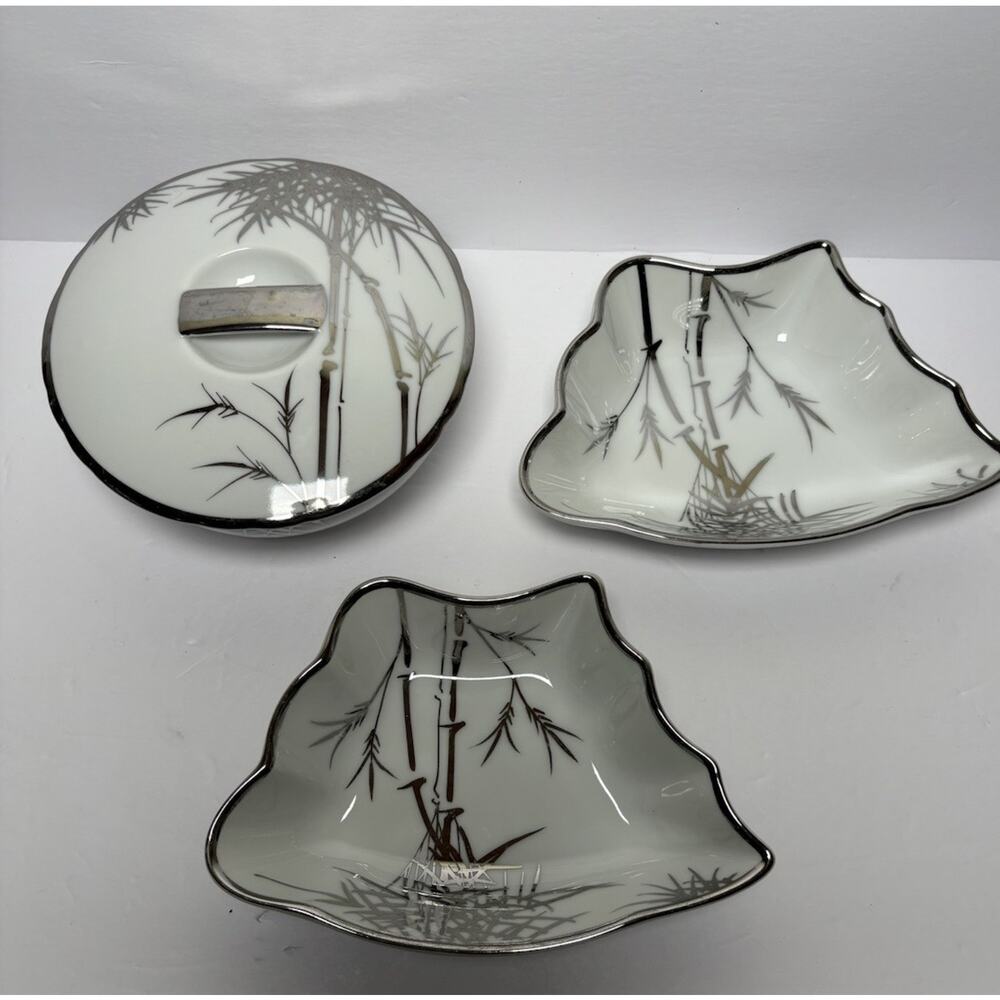 3 Kutani Porcelain Silver Bamboo Owl Sugar Trinket Bowl w/Lid Two Candy Dishes